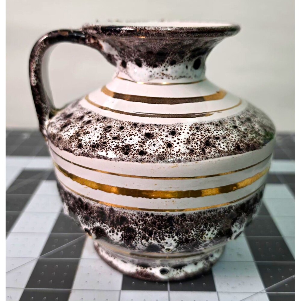 Speckled Black & White Ceramic Pitcher Jug w/ Gold Bands Handle Glossy Round